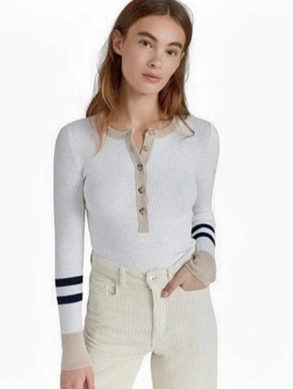 Faherty Mikki Organic Cotton Cashmere Ribbed Henley Sweater Color Block Small